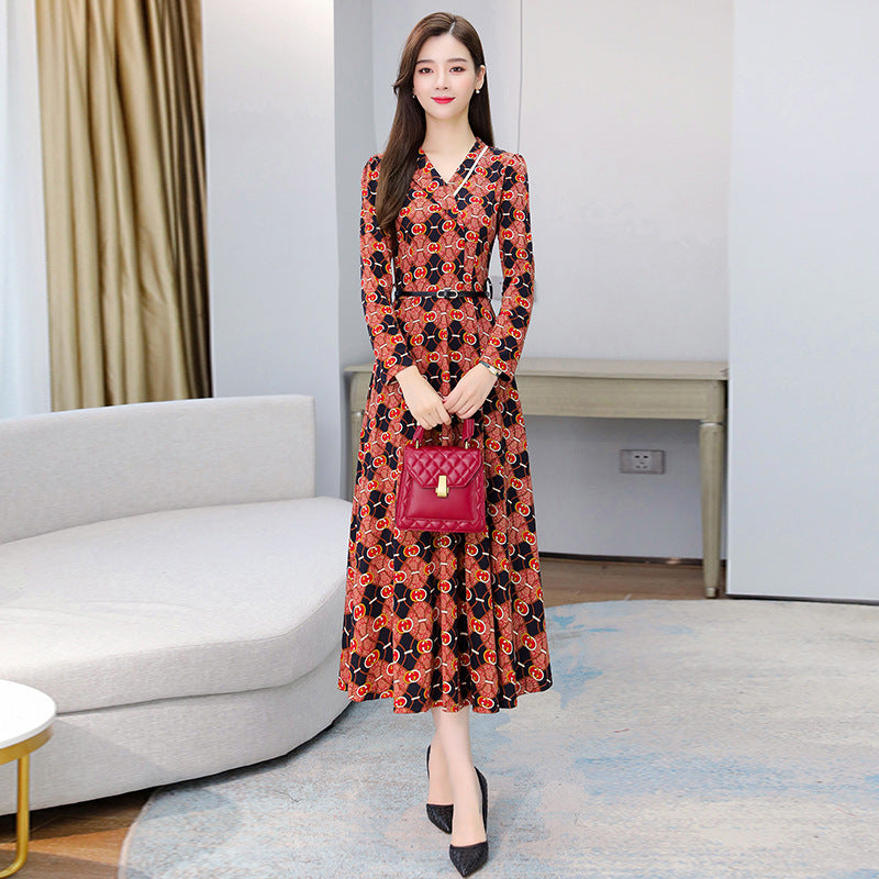 Brand New 2025 Elegant Autumn Winter Printed V-neck Long Sleeve Dress