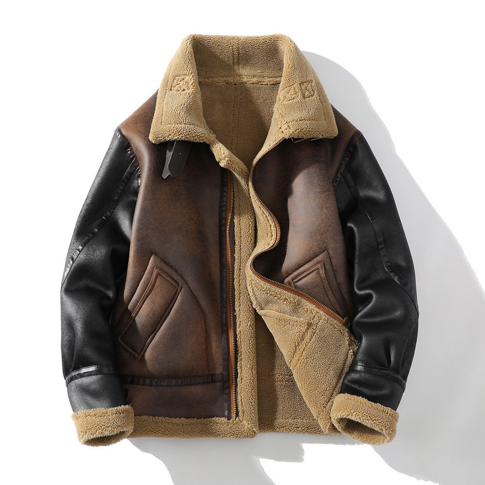 Winter Leather And Fur Jacket Men's Loose Lapels Color Matching Lamb Wool Velvet Padded Thickened Coat - FREE Laptop stand is offer