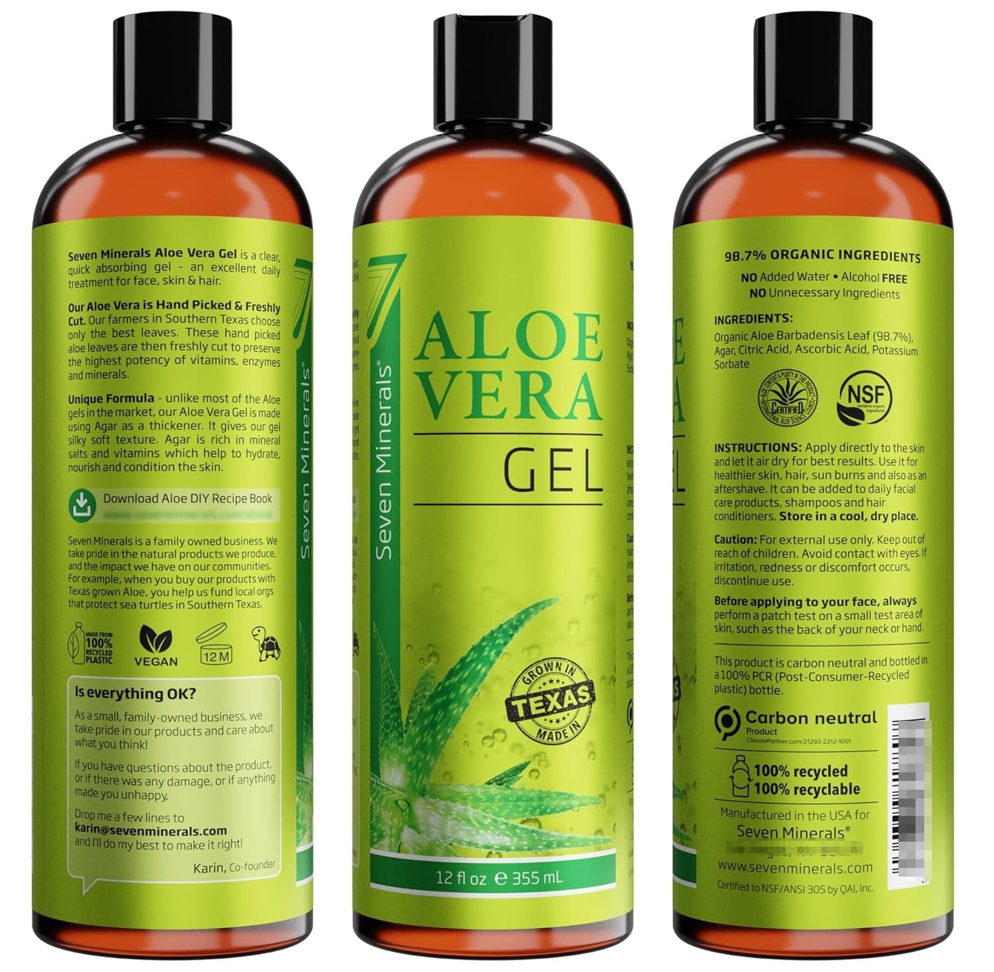 Organic Aloe Vera Gel from Freshly Cut 100% Pure Aloe - Big 12Oz - Highestquality, Texas Grown, Vegan, Unscented - for Face, Skin, Hair, Sunburn Relief
