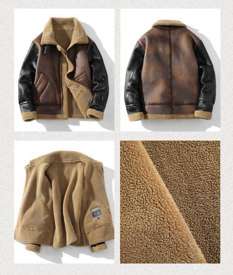 Winter Leather And Fur Jacket Men's Loose Lapels Color Matching Lamb Wool Velvet Padded Thickened Coat - FREE Laptop stand is offer
