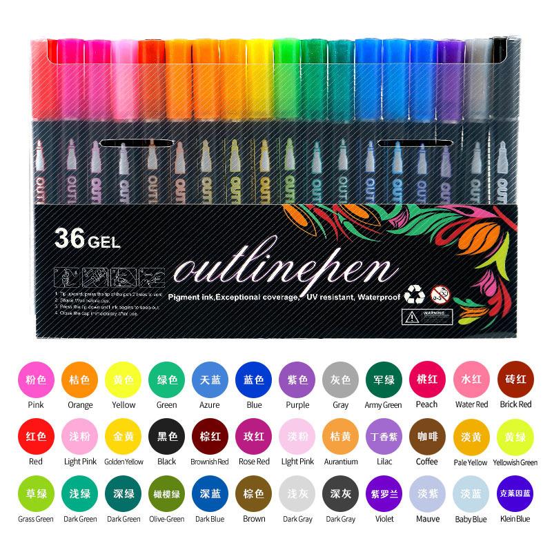 Amazony Explosions Fantasy Flash Double Line Contour Pen 48 Color DIY Hand Account Graffiti Metallic Highlighter Pen