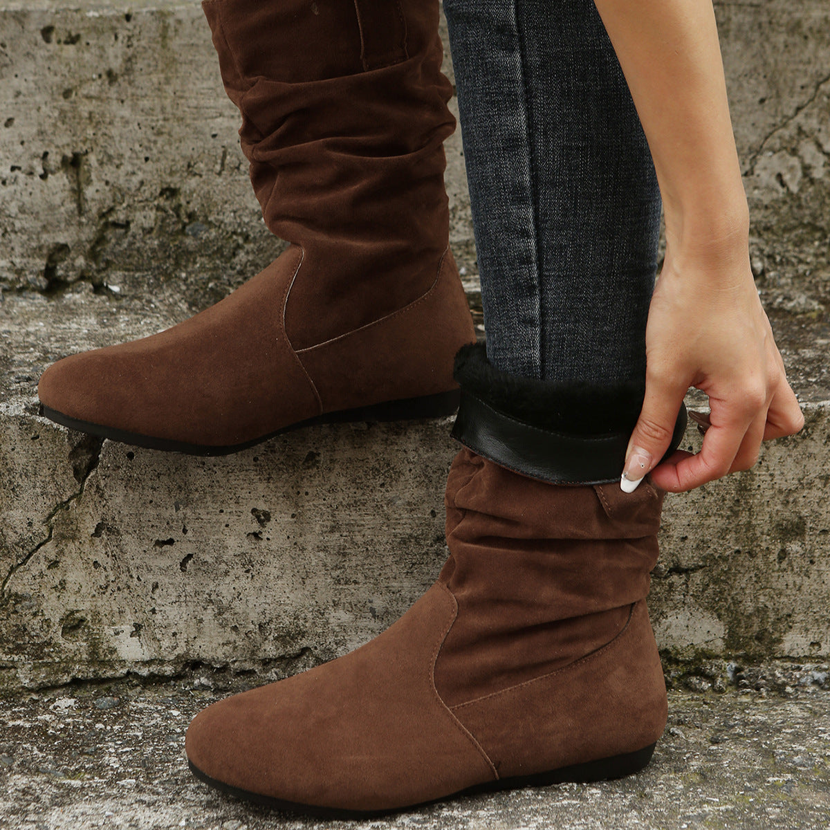 Winter Round Toe Flat Boots Fashion Solid Color Suede Mid-calf Boot Winter Warm Shoes For Women
