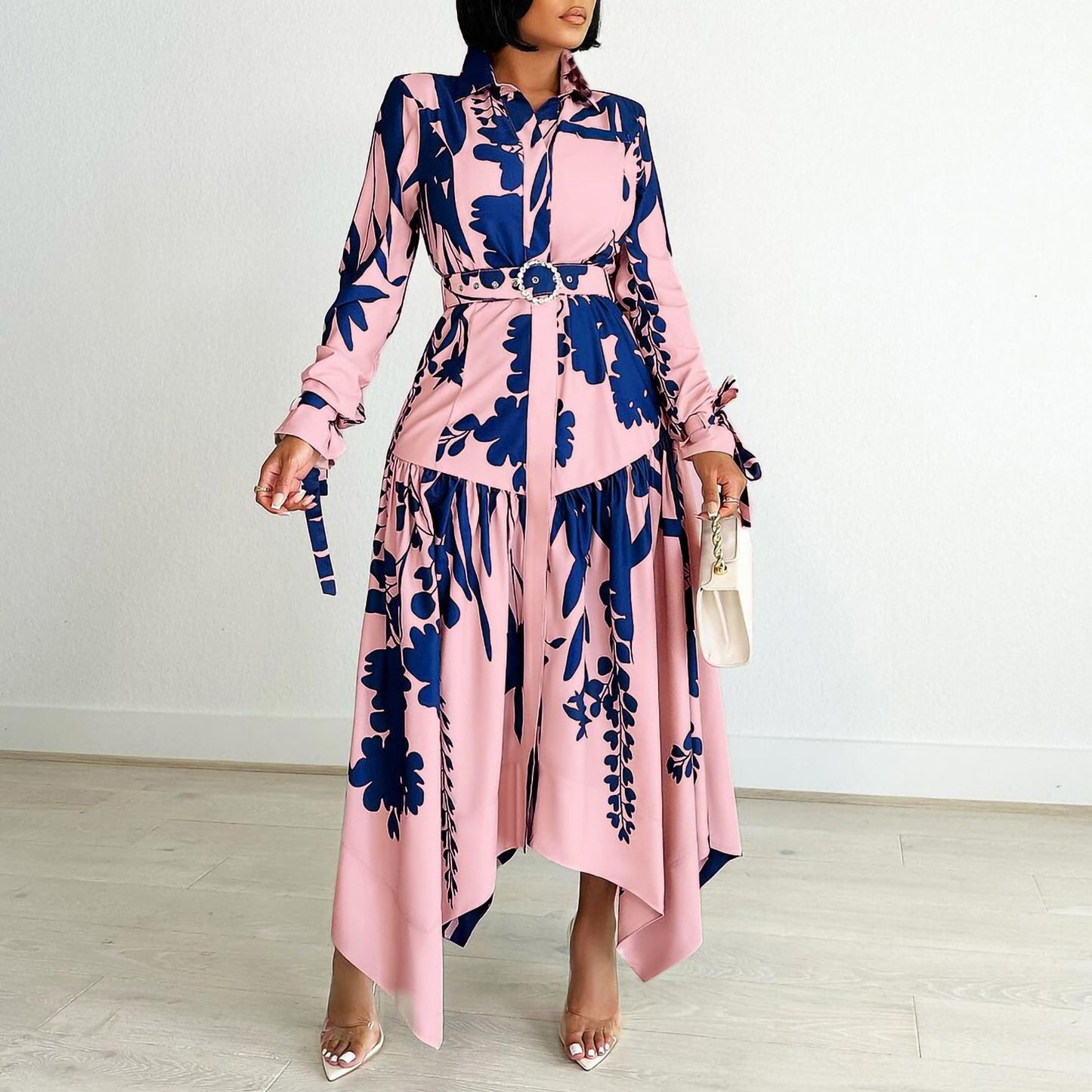 Brand New Collection 2024-2025 Lapel Lace-up Waist-controlled Slimming Asymmetric Skirt Dress