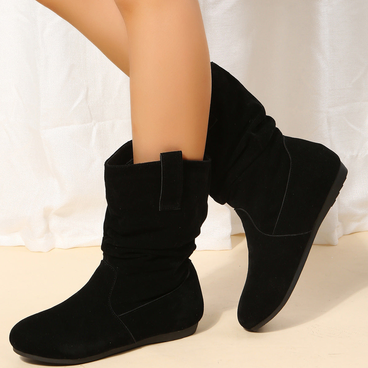 Winter Round Toe Flat Boots Fashion Solid Color Suede Mid-calf Boot Winter Warm Shoes For Women