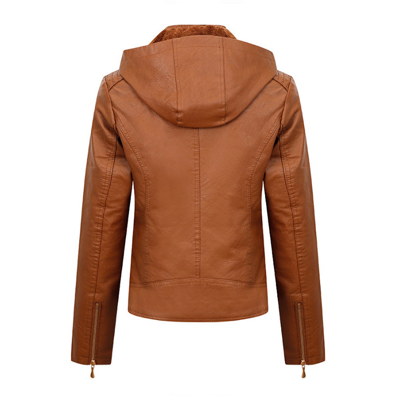 NEW2024-2025 Plush Thickened Hooded Coat Winter Fashion Slim Zipper Leather Jacket With Pockets Long Sleeve Outwear Tops For Womens Clothing