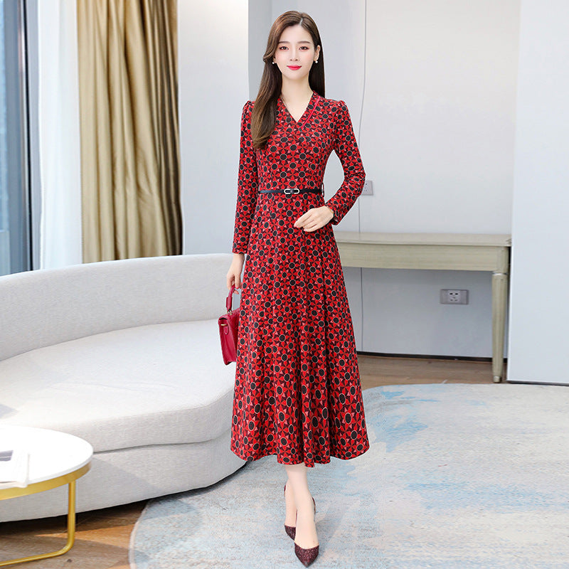 Brand New 2025 Elegant Autumn Winter Printed V-neck Long Sleeve Dress