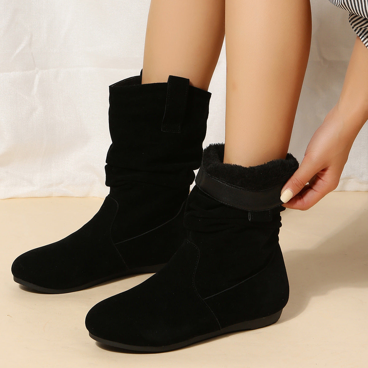 Winter Round Toe Flat Boots Fashion Solid Color Suede Mid-calf Boot Winter Warm Shoes For Women