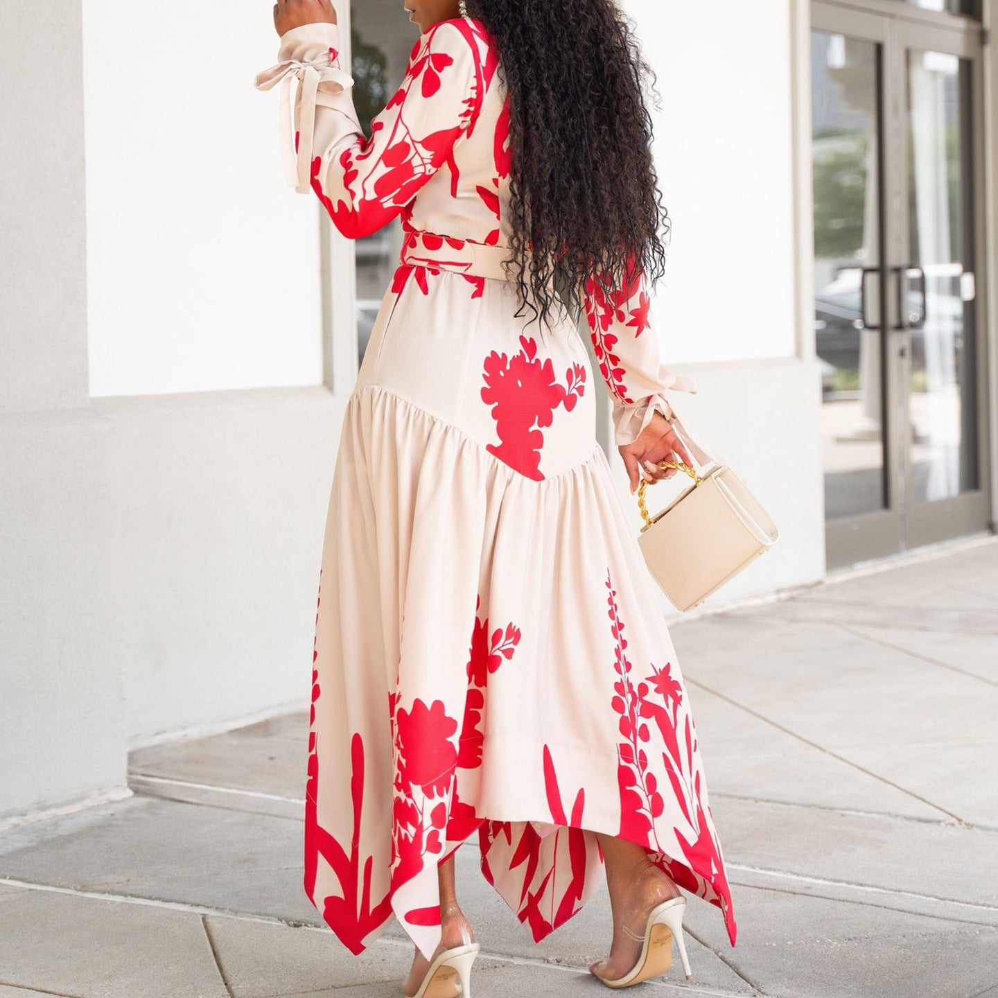 Long Sleeve Printing Lapel Irregular Loose Dress