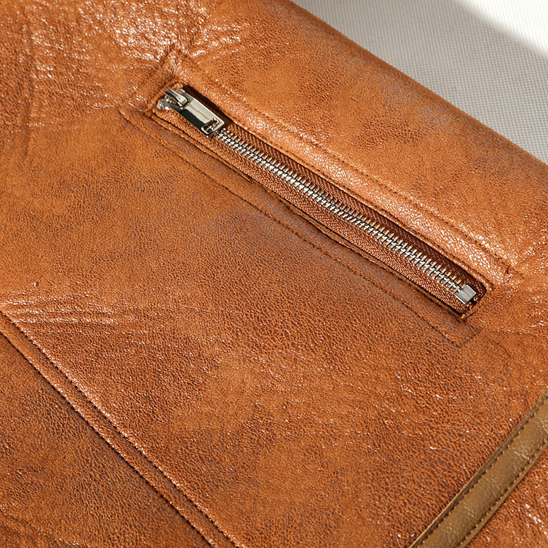 Fur Integrated Fleece-lined Padded Lapel Plus Size Leather Coat buy one coat and get One free Laptop Stand FREE