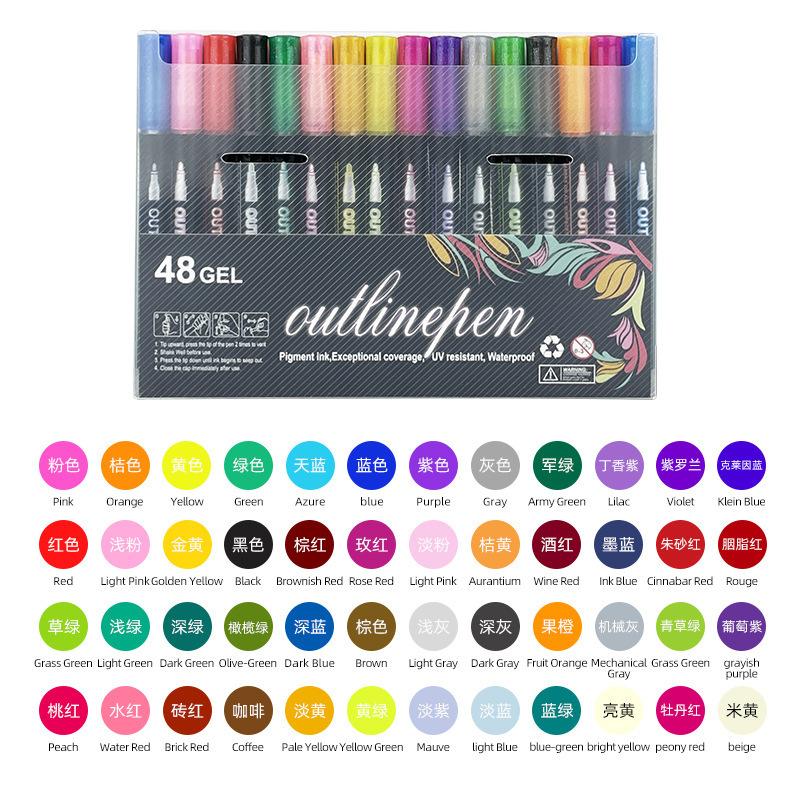 Amazony Explosions Fantasy Flash Double Line Contour Pen 48 Color DIY Hand Account Graffiti Metallic Highlighter Pen