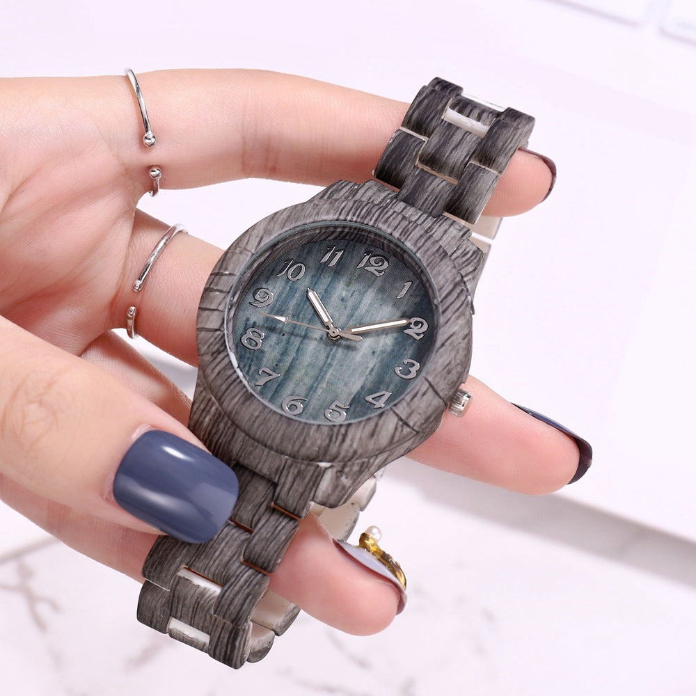 New Style logo-free Wood Pattern Simple Digital Iimitation Steel Band Women's Watch Fashion Quartz Wrist Watch Women's Watch