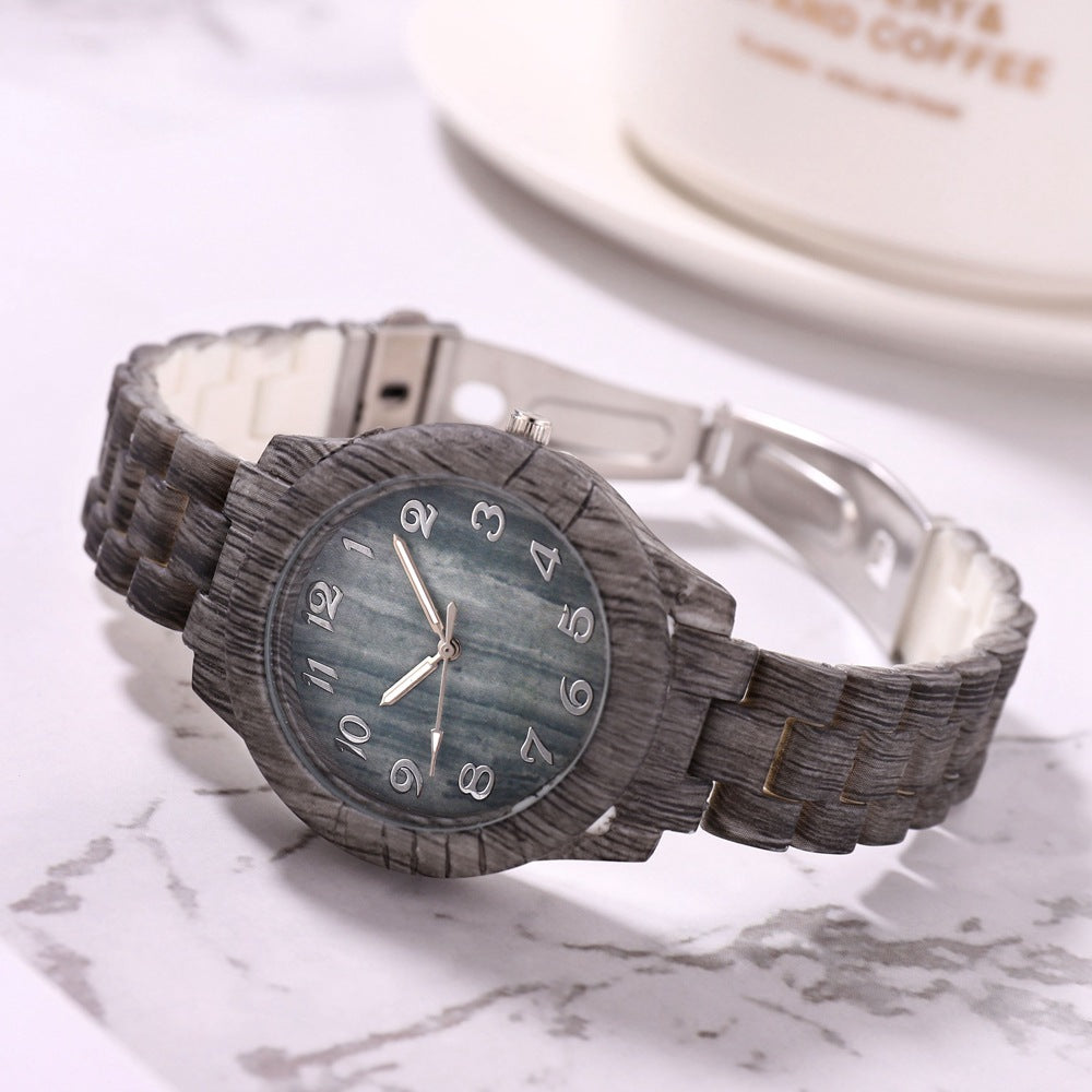 New Style logo-free Wood Pattern Simple Digital Iimitation Steel Band Women's Watch Fashion Quartz Wrist Watch Women's Watch