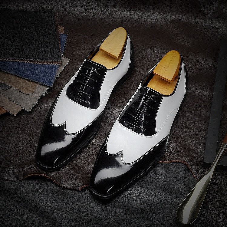 Pointed Cowhide Business Suit Black And White Retro Men's Shoes