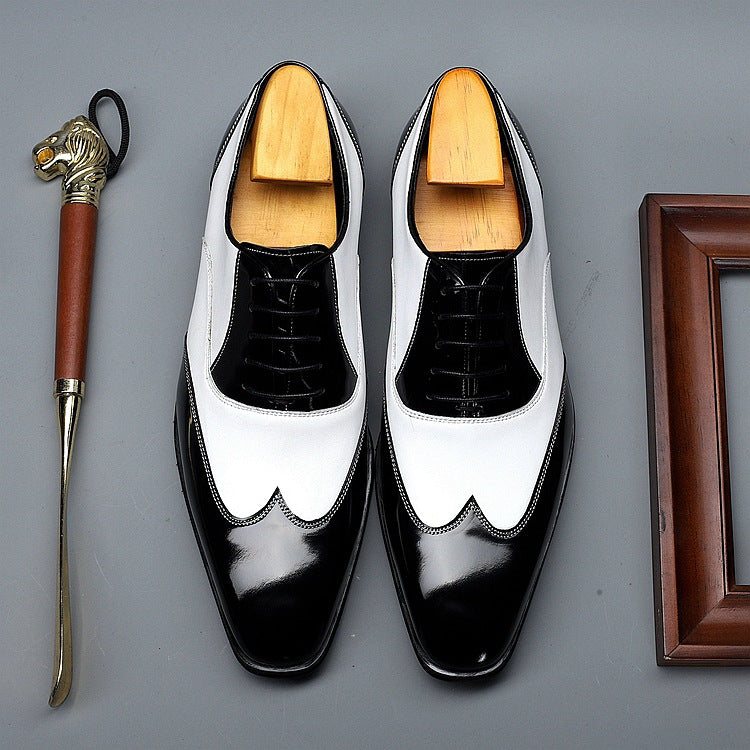 Pointed Cowhide Business Suit Black And White Retro Men's Shoes