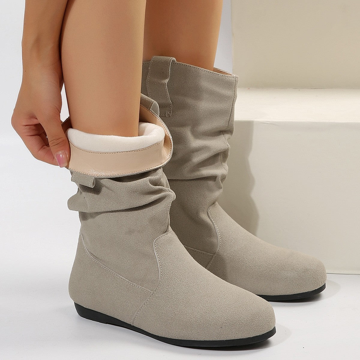 Winter Round Toe Flat Boots Fashion Solid Color Suede Mid-calf Boot Winter Warm Shoes For Women