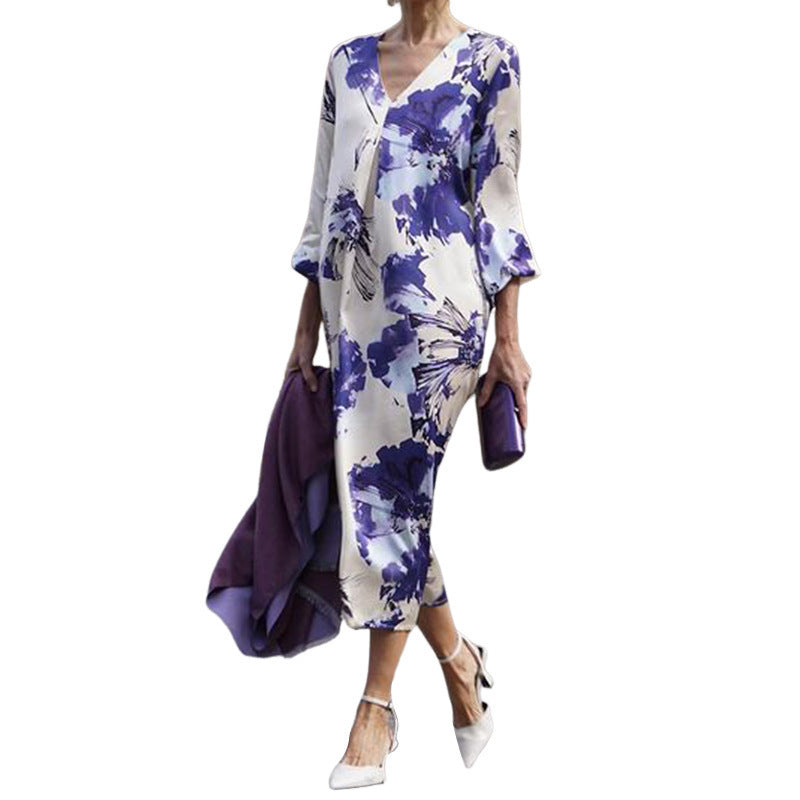 Fashion Temperament Printed Vacation V-neck Mid-length Dress