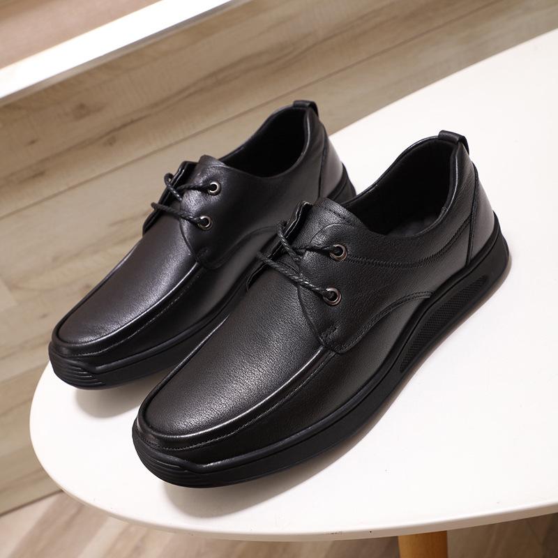 Leather Shoes Men's Genuine Leather Business Dress Men's Casual Shoes Black Spring Large Size Shoes Inner Height Increasing Middle-aged and Elderly Dad Shoes