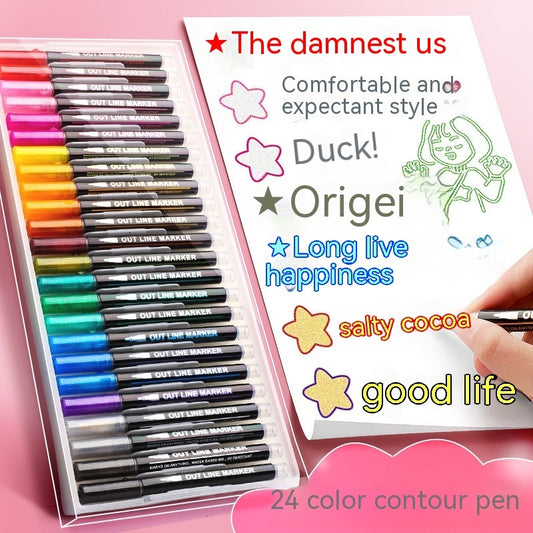 Double-line Outline 24-color  Notebook Special Gel Two-color Fluorescent Marker Pen