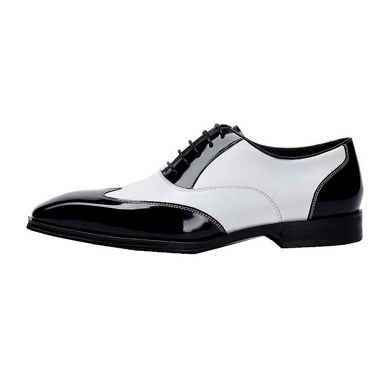 Pointed Cowhide Business Suit Black And White Retro Men's Shoes