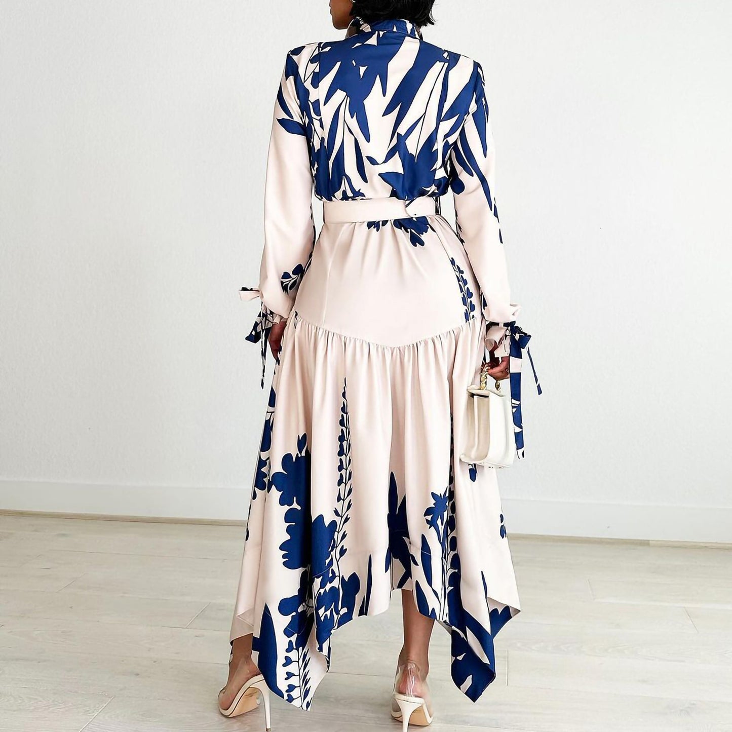Brand New Collection 2024-2025 Lapel Lace-up Waist-controlled Slimming Asymmetric Skirt Dress