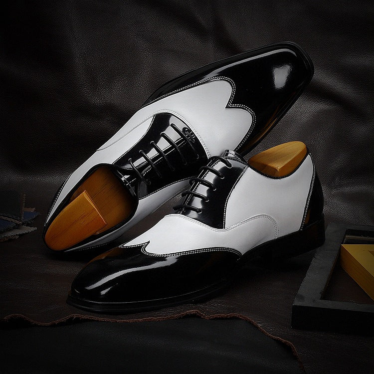 Pointed Cowhide Business Suit Black And White Retro Men's Shoes
