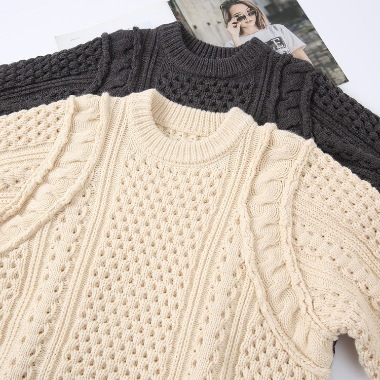 Loose Lazy Round Neck Thickened Thermal Head Cover Cable-knit Sweater