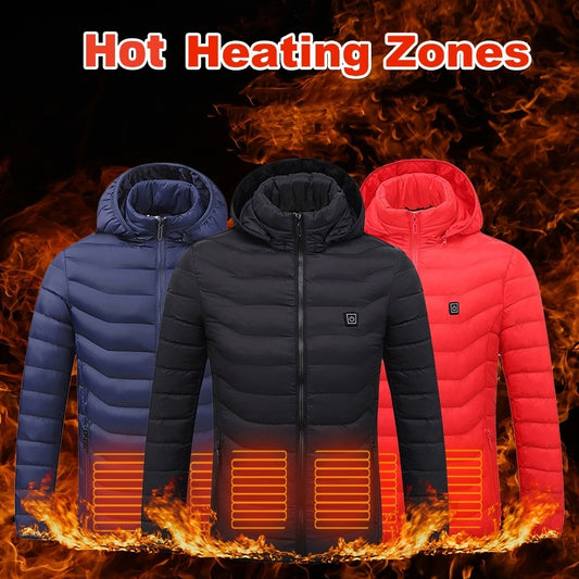 NEW 2024 Men Heated Puffer Jacket Electric Heating Coat Insulated Hood Windbreaker 9Heat Zones
