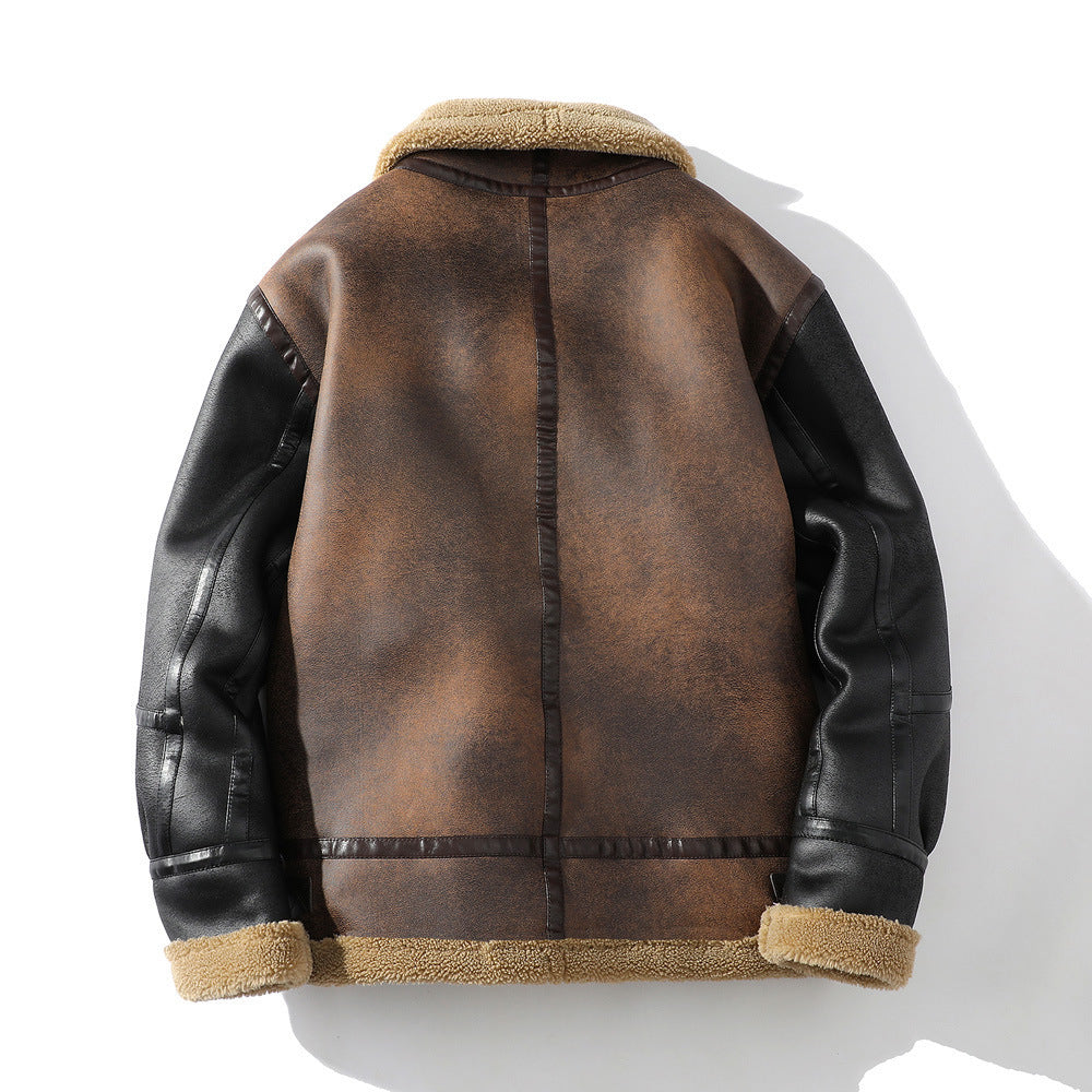 Winter Leather And Fur Jacket Men's Loose Lapels Color Matching Lamb Wool Velvet Padded Thickened Coat - FREE Laptop stand is offer
