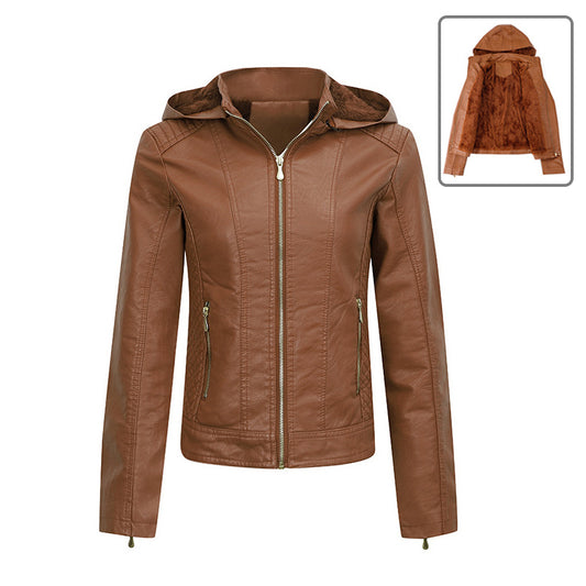 NEW2024-2025 Plush Thickened Hooded Coat Winter Fashion Slim Zipper Leather Jacket With Pockets Long Sleeve Outwear Tops For Womens Clothing