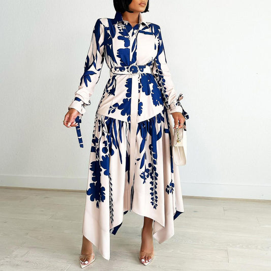 Brand New Collection 2024-2025 Lapel Lace-up Waist-controlled Slimming Asymmetric Skirt Dress