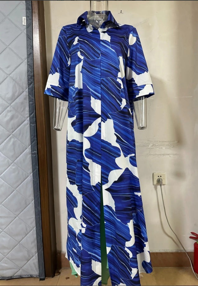 Blue Printed Loose Casual Dress