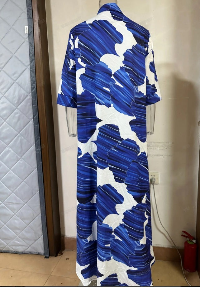 Blue Printed Loose Casual Dress