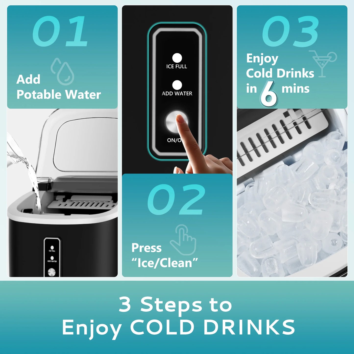 SIMZLIFE Portable Ice Machine 9 Cubes in 6 Mins Ice Maker Machine 26.5lbs/Day Auto-Cleaning Countertop for Home Kitchen Camping