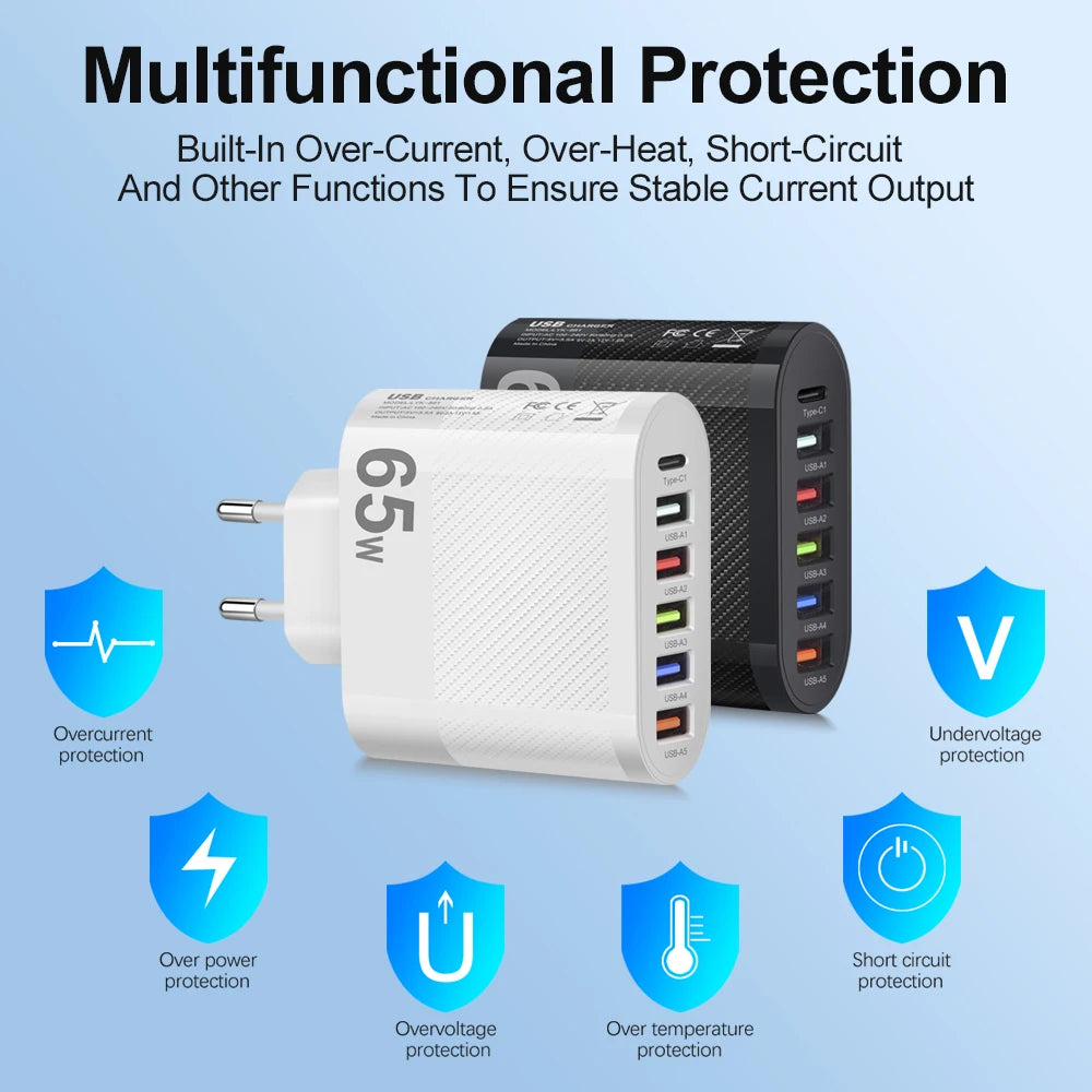 65W USB C Charger PD Fast Charging Universal Phone Charger Power Adapter for iPhone 15 14 Xiaomi Samsung EU US Wall Plug Charger BUY ONE GET A FREE LAPTOP STAND