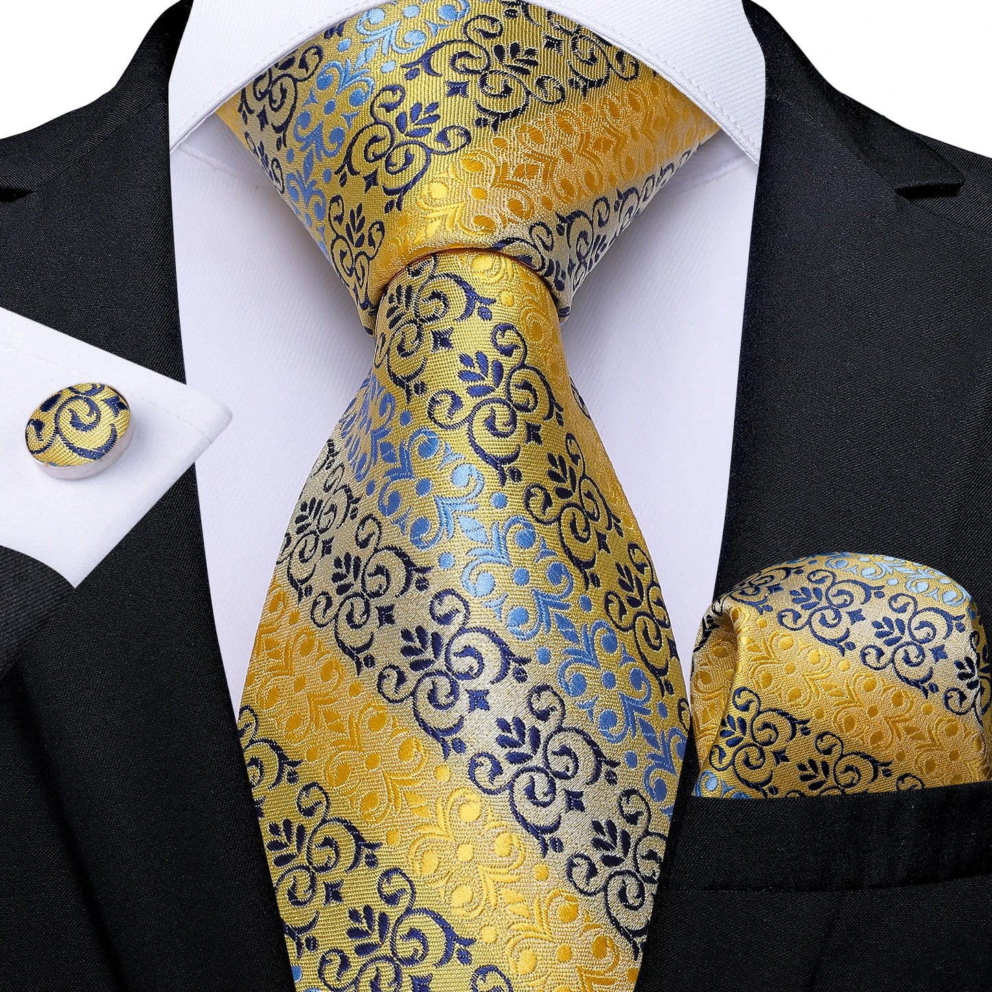 Brand New 2025 Mens Tie 100% Silk Classic Jacquard Woven 8cm Gold Yellow Formal Business Wedding Neck Tie Pocket Square Set Suit Cravat