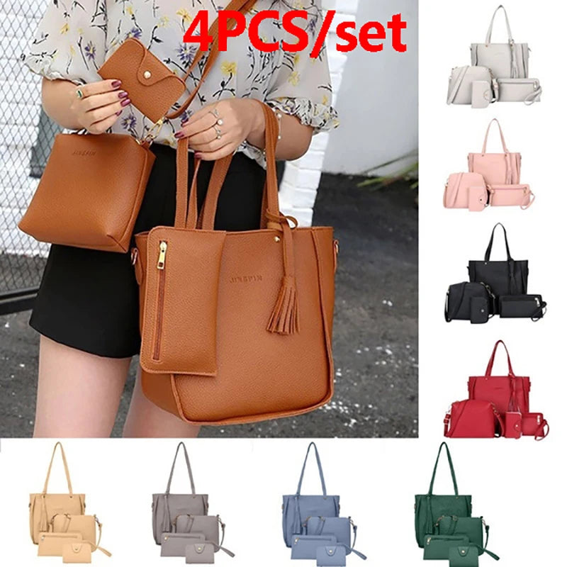 AMAZONY 2024 4pcs/set Handbag Messenger Bag Set Ladies Leather Bag Set Polyester Shoulder Bag 9 Colors