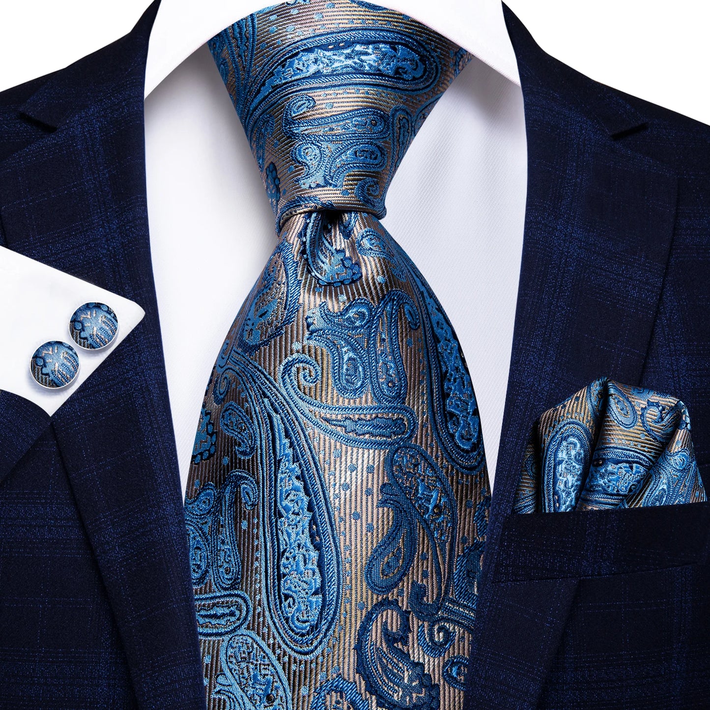 Brand New 2025 Hi-Tie Light Blue Striped Novelty Silk Wedding Tie For Men Handky Cufflinks Nicktie Set Fashion Design Business Party