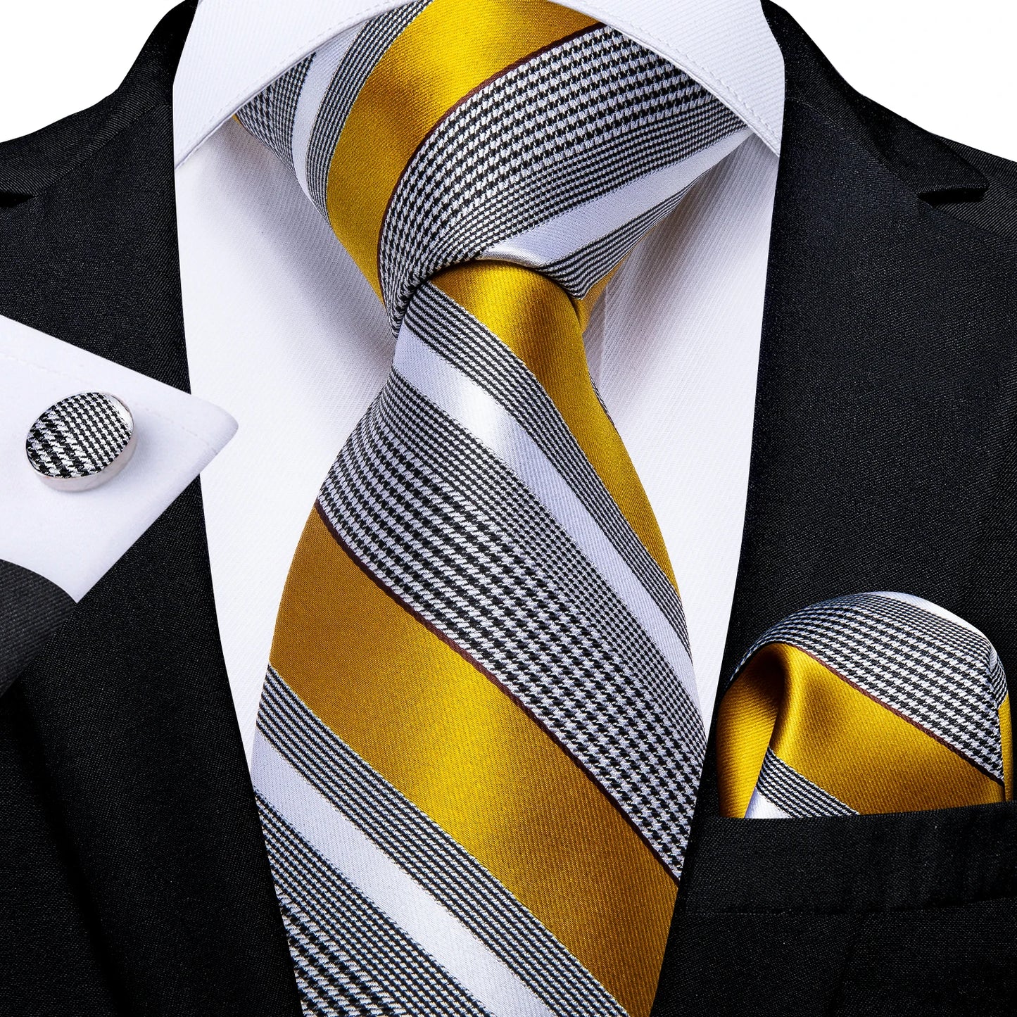 Brand New 2025 Mens Tie 100% Silk Classic Jacquard Woven 8cm Gold Yellow Formal Business Wedding Neck Tie Pocket Square Set Suit Cravat