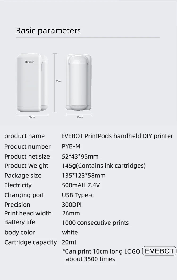EVEBOT Printpods Handheld Mini Printer Small Portable Creative Smart Inkjet  Machine Card Label Bread Coffee Clothes Logo