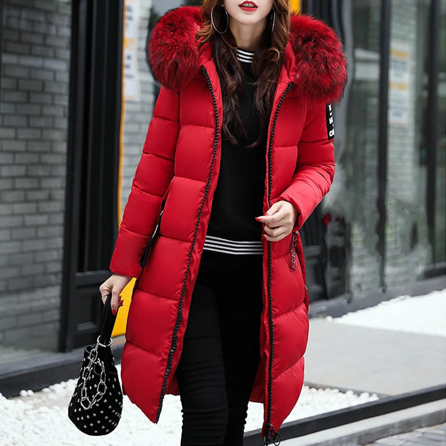 New 2024-2025 Women Autumn Winter Jacket Big Hair Collar Slim Waist Long Down Cotton Jacket Vintage Warm Coat Female Oversized long Parkas