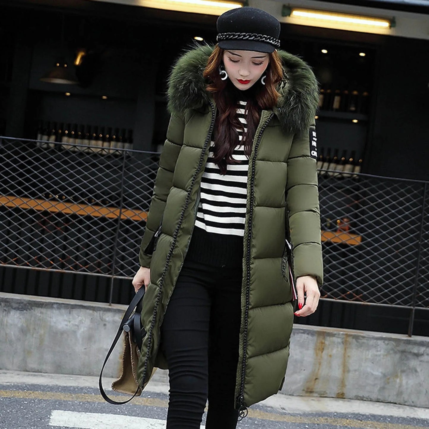 New 2024-2025 Women Autumn Winter Jacket Big Hair Collar Slim Waist Long Down Cotton Jacket Vintage Warm Coat Female Oversized long Parkas