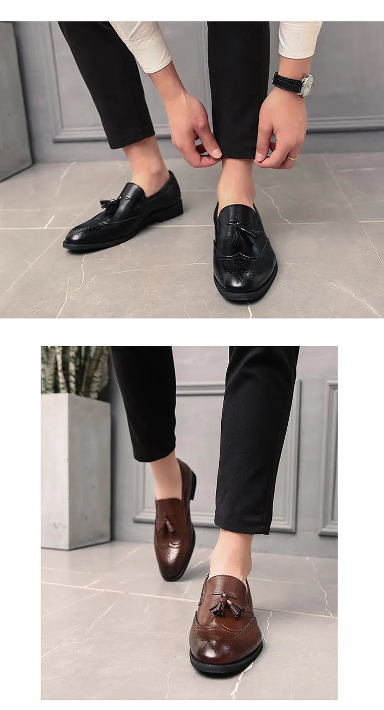Men Fringe Loafers 38-48 Slip On Casual Spring Autumn Black Brogues moccasins Walking Shoes Genuine Leather Fashion Boys Flats