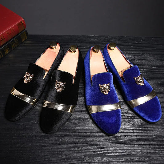 TINTINOS 2024 New Men Wedding Loafers Velvet Shoes Fashion Quality Tiger Gold metal Men Dress Shoes Men's Flats wholesale  ST359