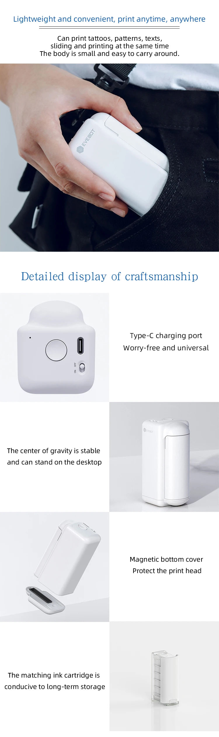 EVEBOT Printpods Handheld Mini Printer Small Portable Creative Smart Inkjet  Machine Card Label Bread Coffee Clothes Logo