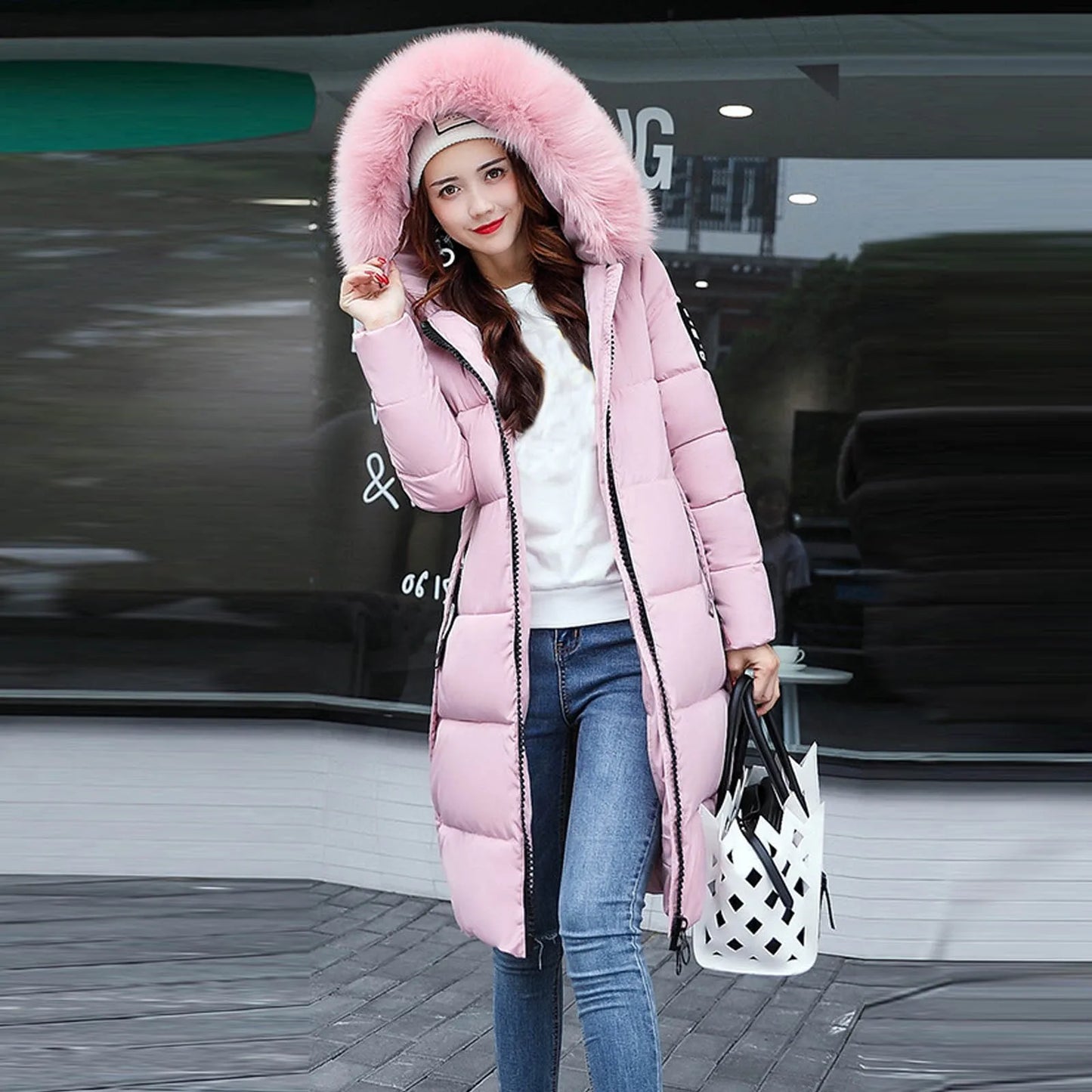 New 2024-2025 Women Autumn Winter Jacket Big Hair Collar Slim Waist Long Down Cotton Jacket Vintage Warm Coat Female Oversized long Parkas