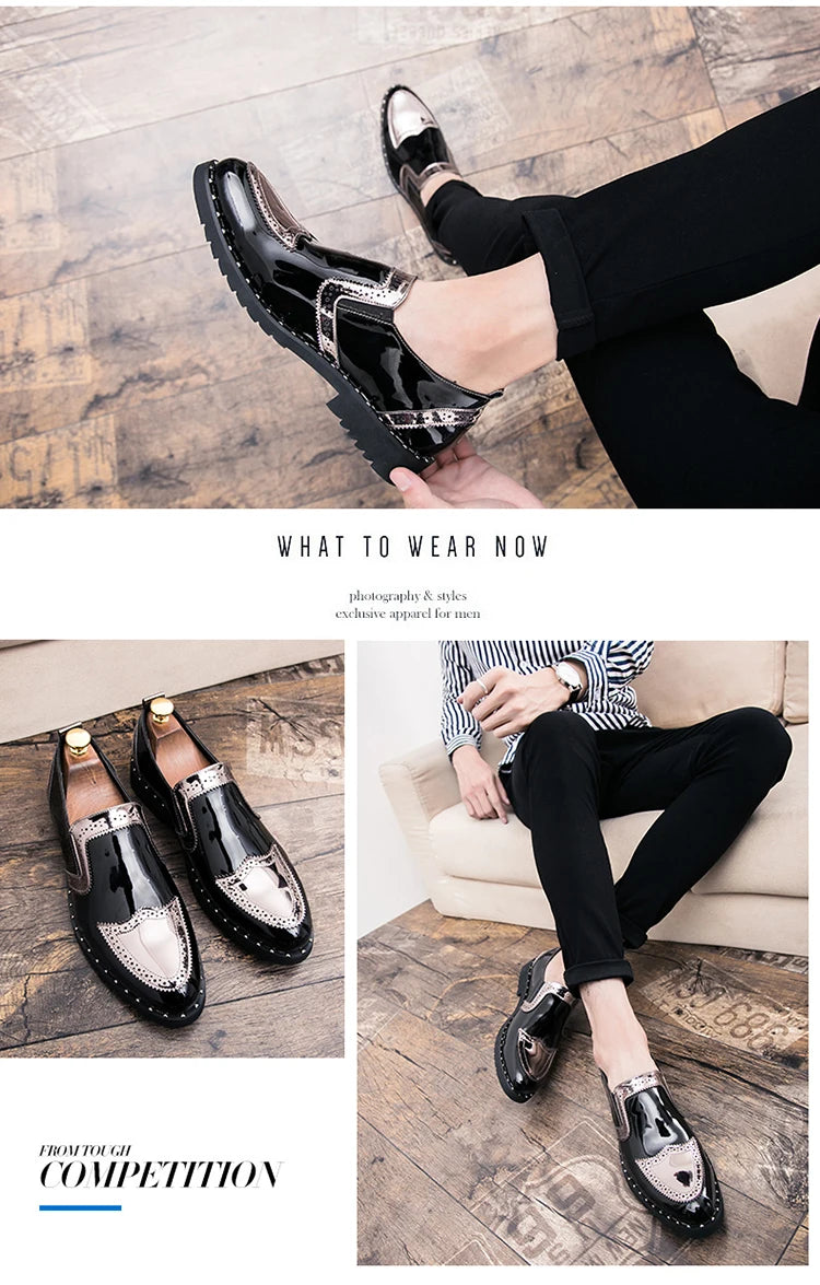 38-48/6.5-14 Golden Upper Patent Leather Dress Shoes Oxford Fashion  Slip on Men Loafers Shoes
