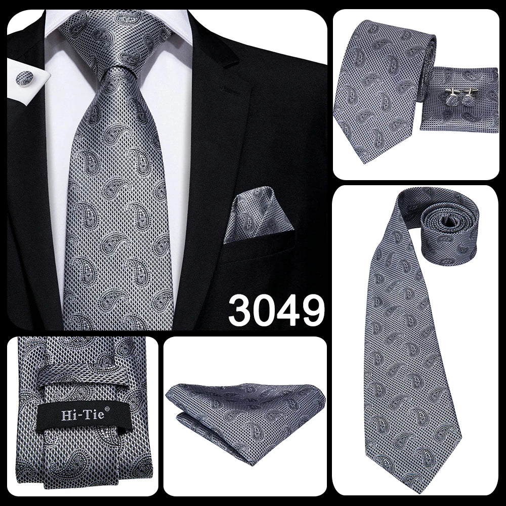 New 2025 Clasic Grey Tie for Men Silk Fabric Jacquard Woven Tie Hanky Cufflinks Set for Men Designer Fashion Silk Ties SN-1466