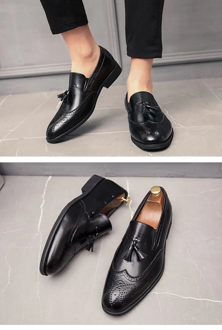 Men Fringe Loafers 38-48 Slip On Casual Spring Autumn Black Brogues moccasins Walking Shoes Genuine Leather Fashion Boys Flats