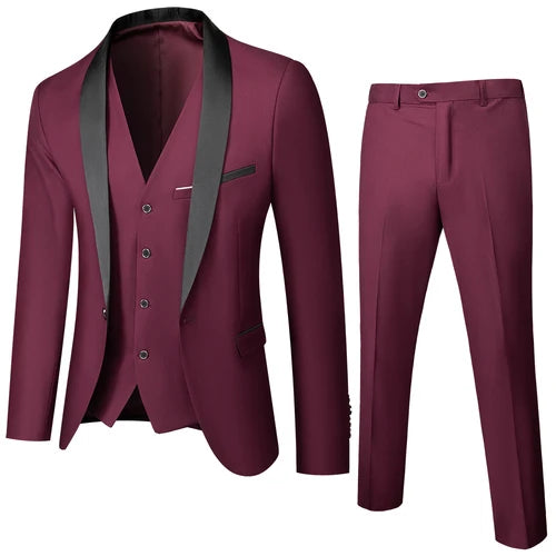 Black Men's Suit 3 Pieces, Business Wedding Terno Masculino, Fashion Slim Fit Costume Homme, Blue Red Gray, Asian Size M-4XL 5XL