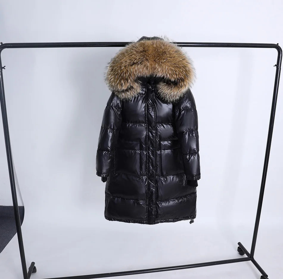 Amazony 2024- 2025  Women Winter Black Loose Long Down Jacket  Real Fox Fur Collar Hooded Fashion Waterproof Female Extra Large Coat